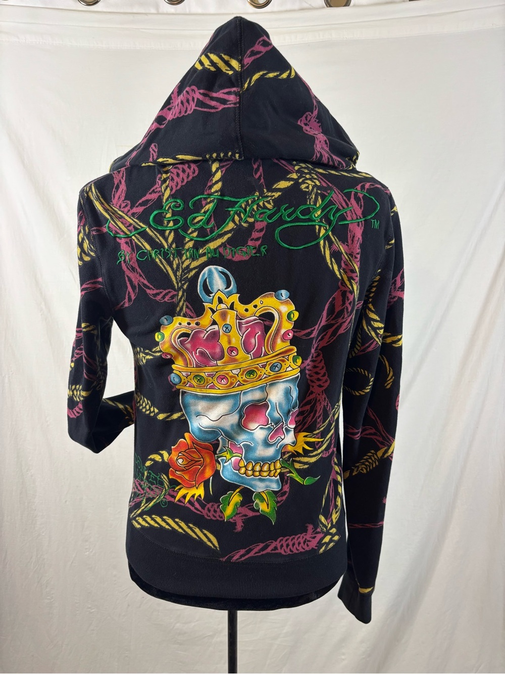 VTG Ed Hardy Crowned Skull Dragon All Over Rope Hoodie Black Embroidered Med